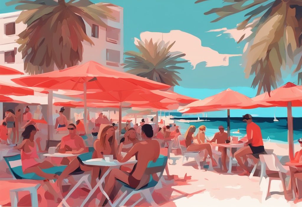 Moderne digitale Malerei, Strand von Ayia Napa, Menschen bei Wassersport, unter Sonnenschirmen und in Strandcafés, Hauptfarbe Koralle.