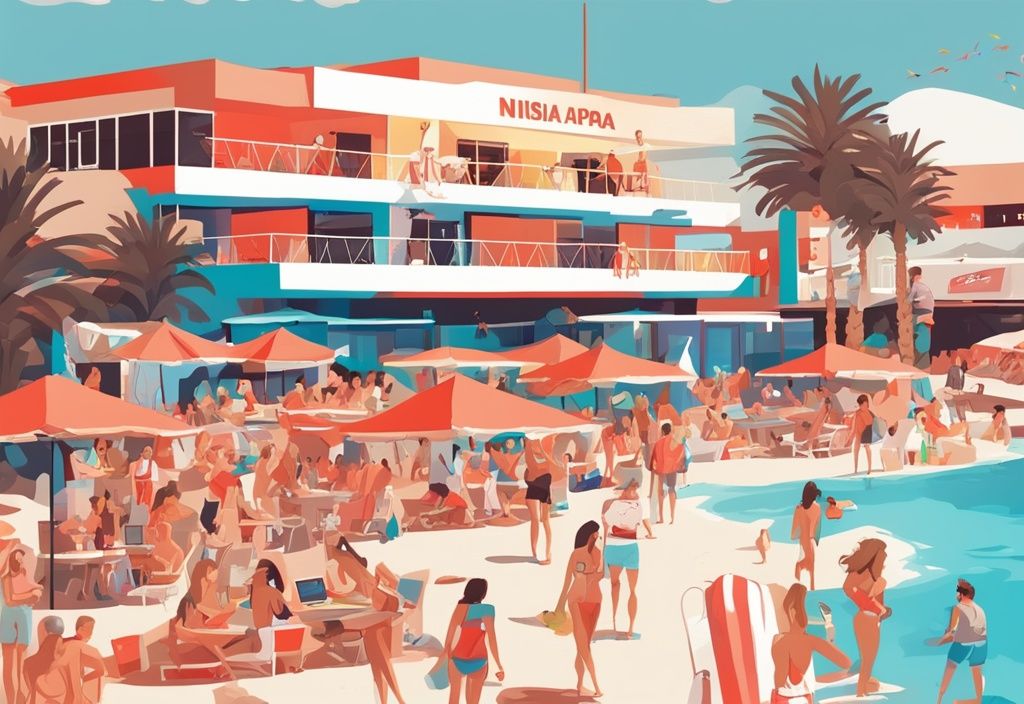 Moderne digitale Malerei mit Korallenfarben, die Ayia Napas Top-Attraktionen wie Nissi Beach, Cape Greco und Nachtclubs zeigt, samt Preisschildern und Urlaubszubehör wie Sonnenbrillen und Sonnencreme, um das Thema Ayia Napa Pauschalreise zu betonen.