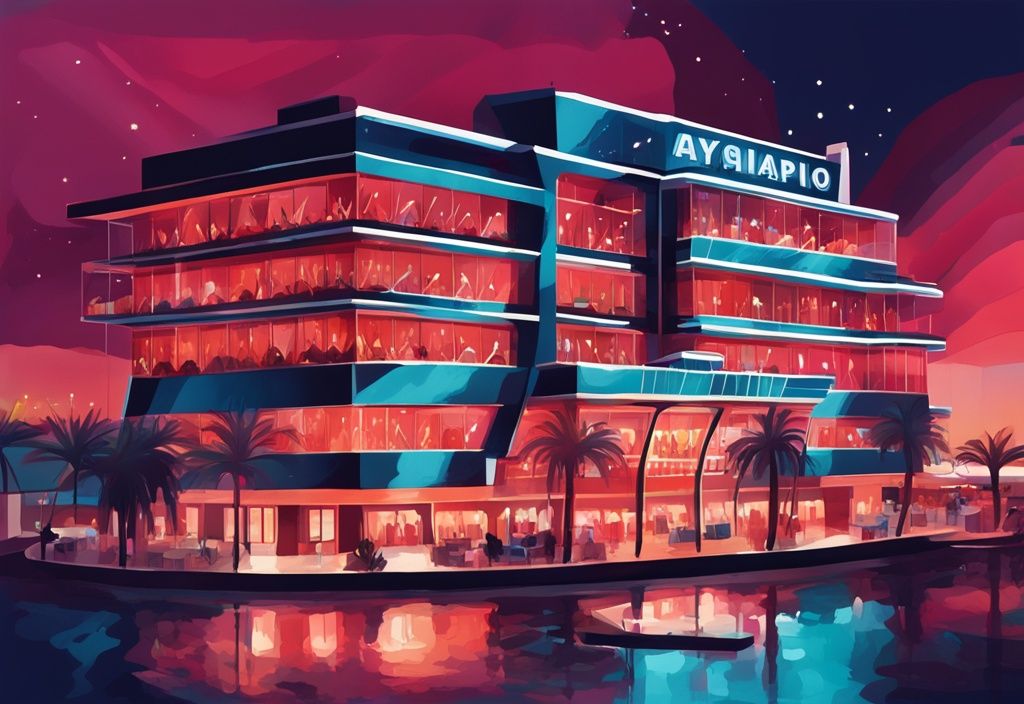 Moderne digitale Illustration eines nächtlichen Blicks auf das Ayia Napa Casino mit leuchtenden Lichtern und moderner Architektur, umgeben von pulsierendem Nachtleben in Korallenfarben.