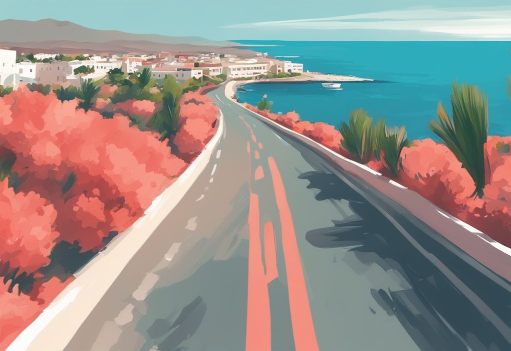 Moderne digitale Malerei mit Hauptfarbe Koralle, die eine malerische Aussicht auf die Straße von Larnaca nach Ayia Napa zeigt, mit Panoramablick auf das Meer, üppigem Grün und sonnigem Himmel.