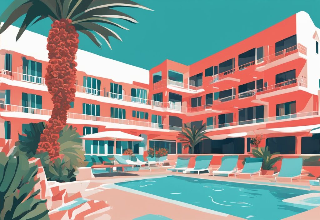 Moderne digitale Malerei des Christofinia Hotel Ayia Napa mit Korallenfarbe, üppigem Grün, einladendem Pool und mediterraner Architektur.