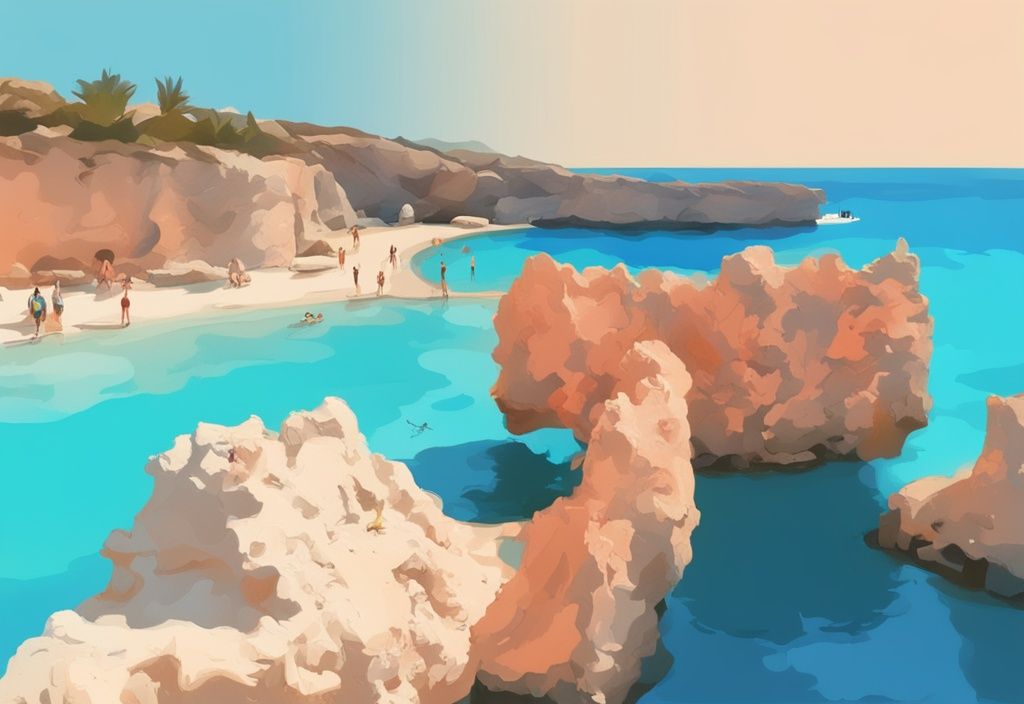 Moderne digitale Malerei mit Korallenfarben, die die ruhigen azurblauen Gewässer der Blauen Lagune in Ayia Napa und malerische Kalksteinfelsen im Hintergrund zeigt.