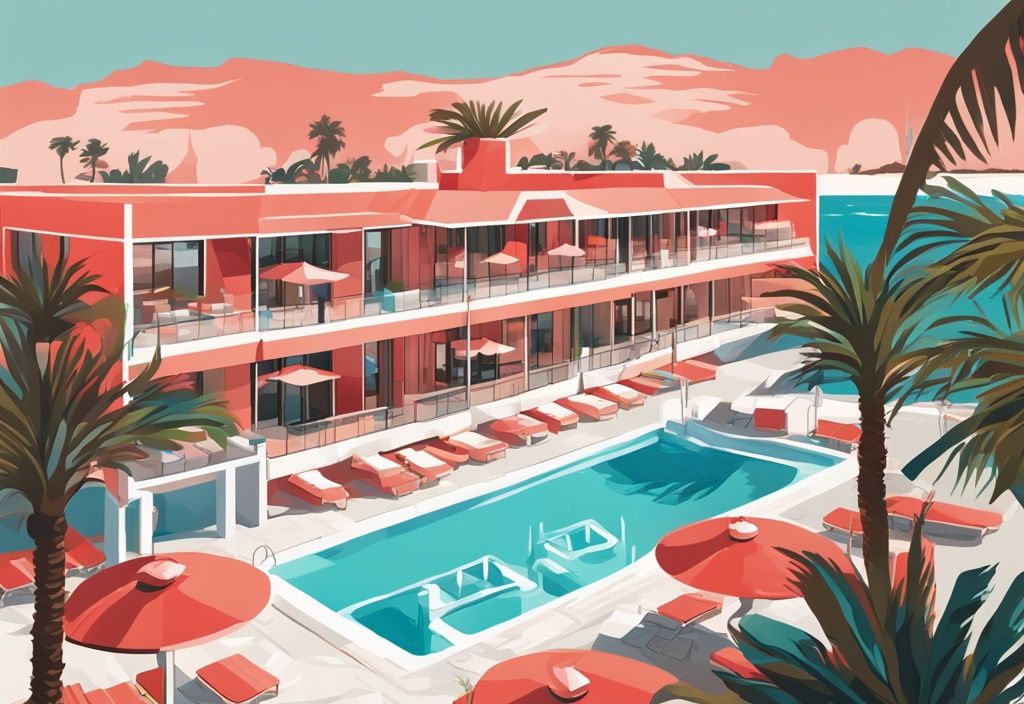 Luxuriöses Faros Hotel in Ayia Napa mit Palmen, Pools und Mittelmeer im Hintergrund, digitale Illustration in Korallenfarben