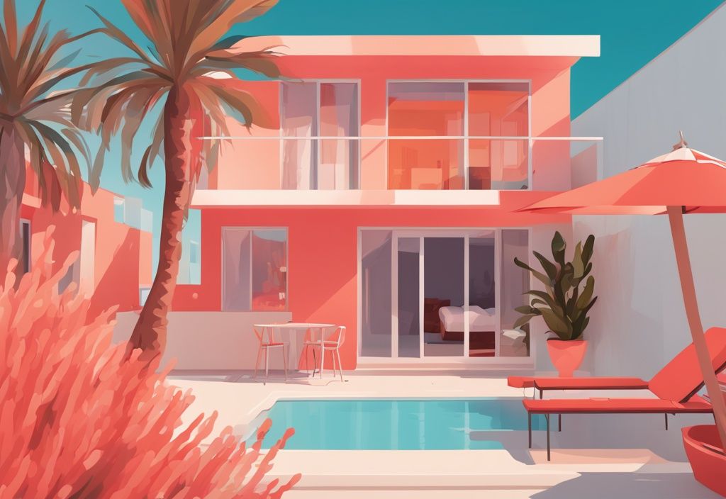 Moderne digitale Illustration eines gemütlichen Ayia Napa Airbnb, perfekt gelegen zwischen lebhaftem Nachtleben und ruhigen Sandstränden unter der warmen Mittelmeersonne, in Korallenfarben.