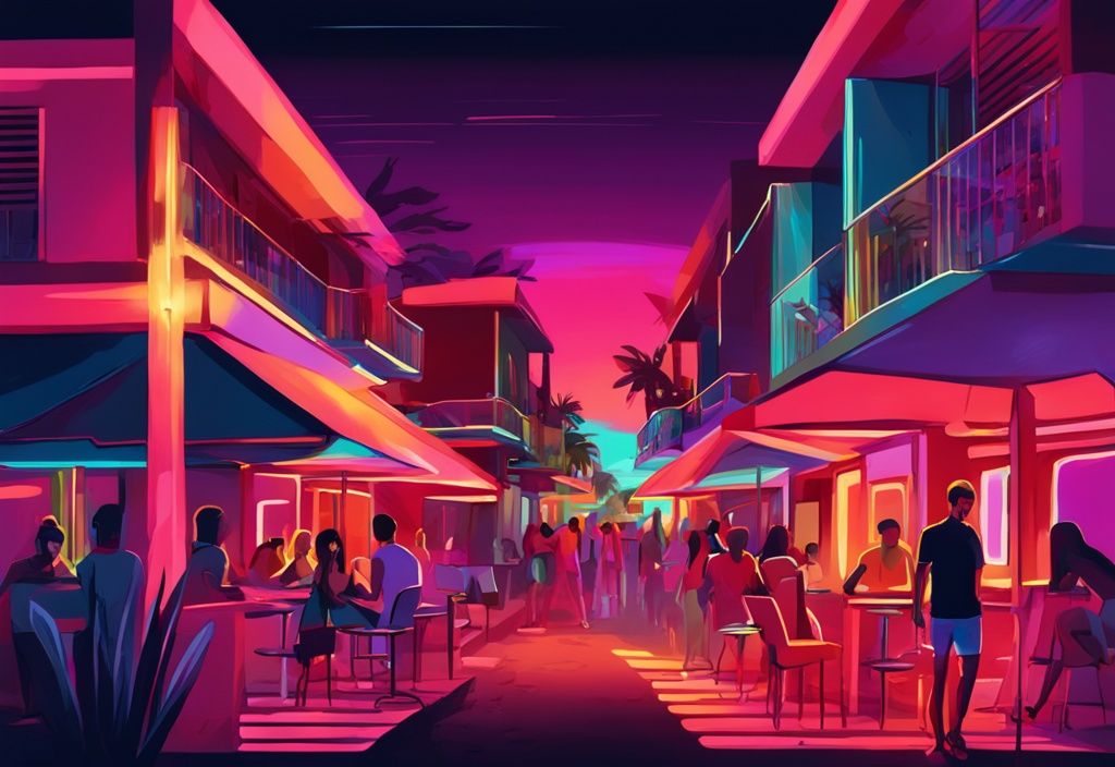 Moderne digitale Malerei, Ayia Napa Nachtleben, neonbeleuchtete Bars und Clubs, Hauptfarbe Koralle.