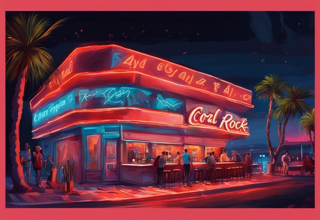 Moderne digitale Malerei, nächtliche Szene des Hard Rock Cafe Ayia Napa mit leuchtenden Neonlichtern und lebendiger Energie in Korallenfarben.