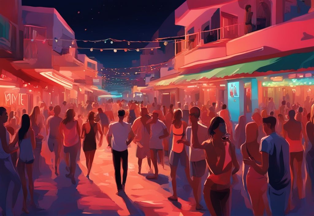 Moderne digitale Malerei von der Ayia Napa Strip bei Nacht, mit lebhaften Clubs, belebten Restaurants und Menschenmengen, Hauptfarbe Koralle