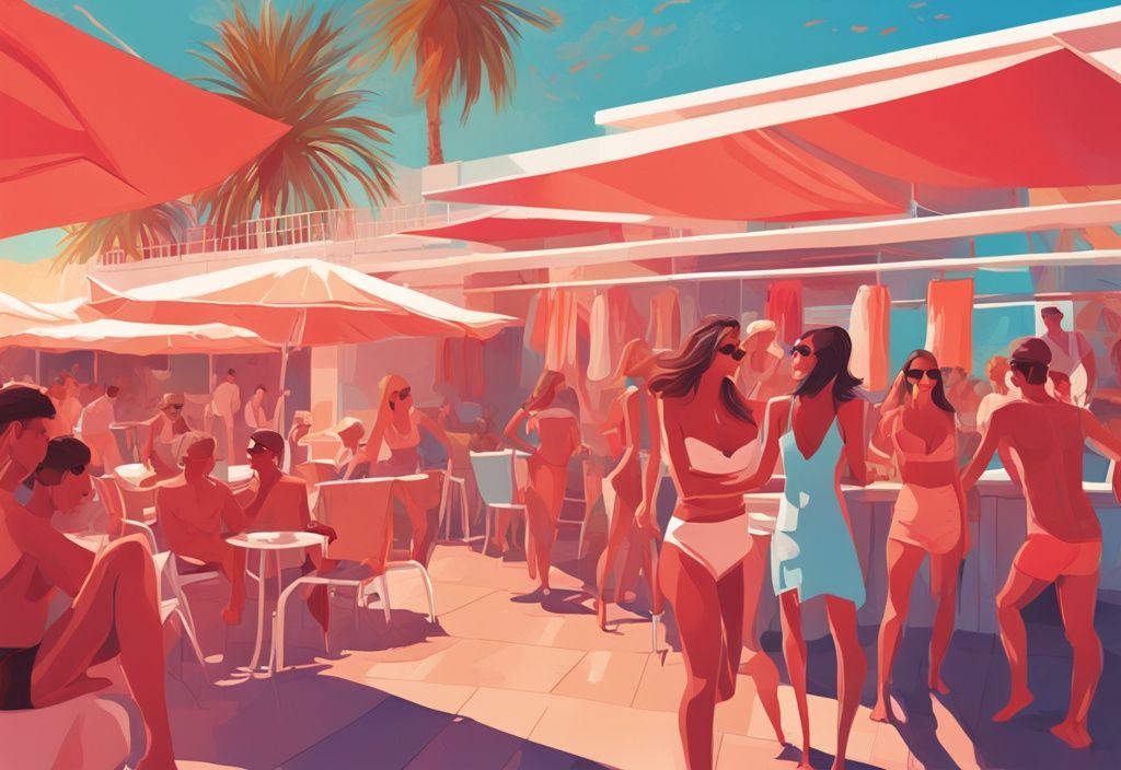 Lebhaftes Strandclub-Szene in Ayia Napa, Zypern mit Touristen, die zu DJ-Musik tanzen, Cocktails genießen und in Strandcabanas entspannen, digital gemalt in modernen Korallentönen.