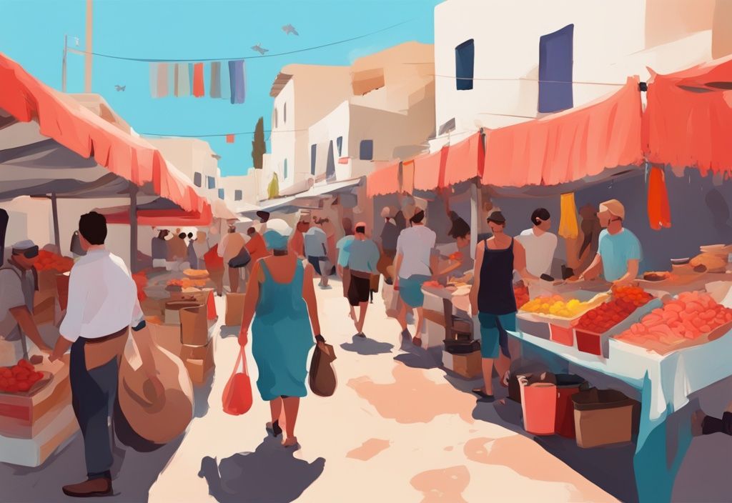 Moderne digitale Malerei von einem belebten Ayia Napa Straßenmarkt mit bunten Ständen, die lokale Waren, Kleidung und Souvenirs anbieten, und Menschen, die herumschlendern und einkaufen, Hauptfarbe Koralle.