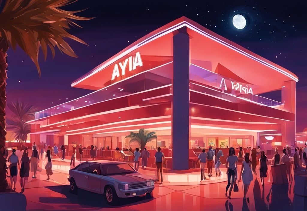 Moderne digitale Malerei von Ayia Napa Casino bei Nacht, beleuchtet und voller Menschen, die Spiele und Unterhaltung genießen, Hauptfarbe Koralle.