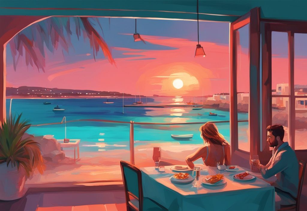 Moderne digitale Illustration mit Korallenfarben, die Ayia Napas türkisfarbene Strände bei Sonnenuntergang zeigt, mit einem Paar beim romantischen Abendessen am Meer – ideal für Ayia Napa Urlaub.