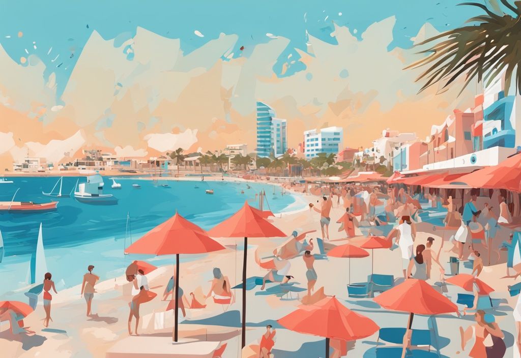 Moderne digitale Malerei mit Korallenfarben, die eine belebte Küste mit funkelndem blauem Wasser, geschäftigen Strandsonnenschirmen und den ikonischen Ayia Napa Stadt Wahrzeichen unter klarem Himmel zeigt.