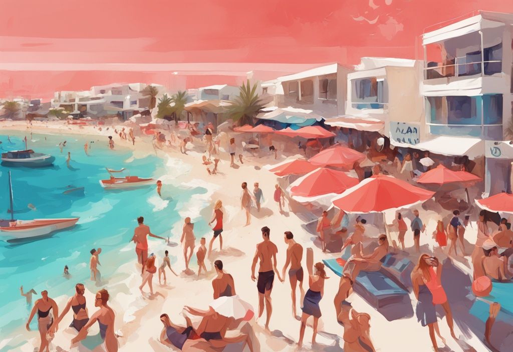 Moderne digitale Malerei von einem lebhaften Strand in Ayia Napa mit klarem Wasser, weißem Sand und pulsierendem Nachtleben in Korallenfarben.