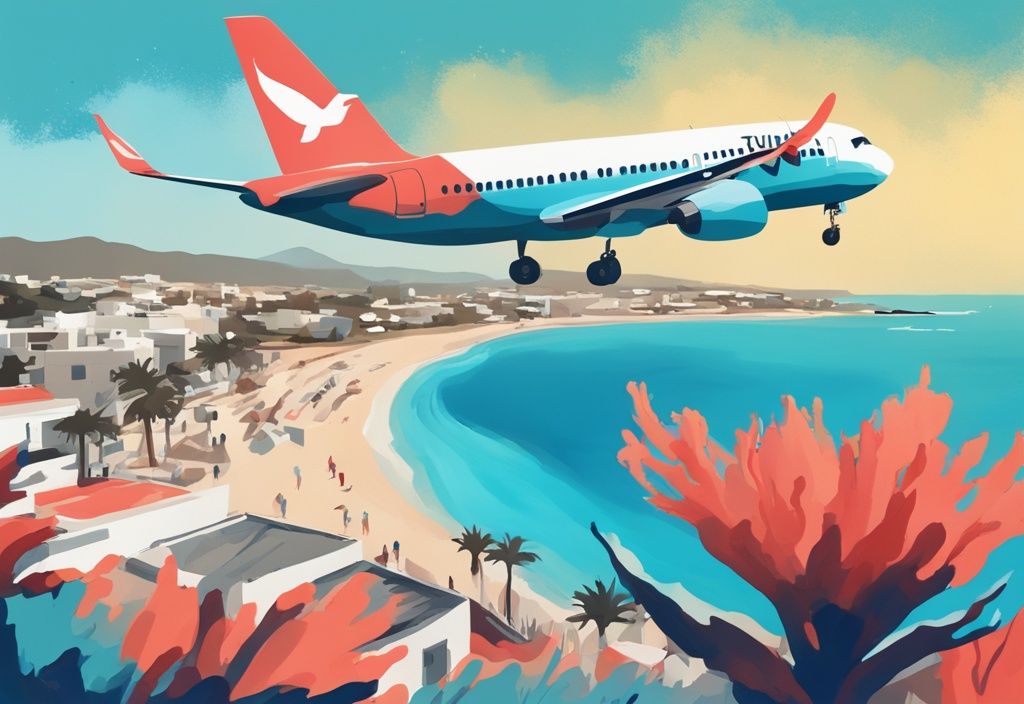 Moderne digitale Illustration der Küste von Ayia Napa in Zypern in Korallenfarben mit einem TUI Flugzeug, das Urlaubsstimmung verbreitet - tui zypern ayia napa.