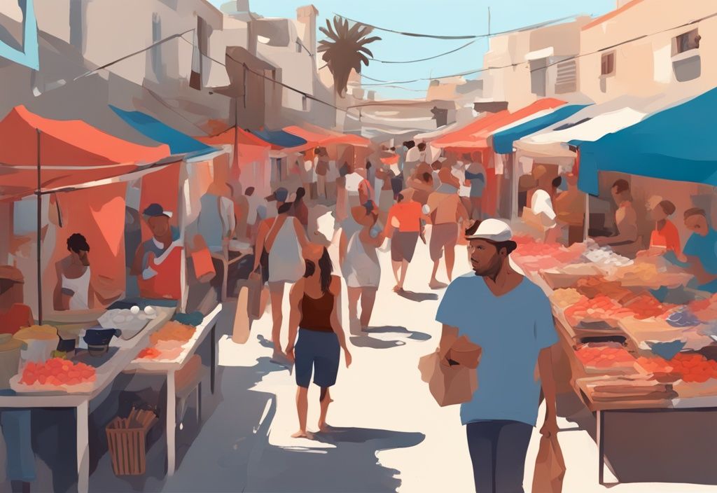 Moderne digitale Malerei einer belebten Ayia Napa Straßenmarkt mit bunten Ständen, die lokale Waren, Kleidung und Souvenirs anbieten, Menschen schlendern und einkaufen, Hauptfarbe Koralle.