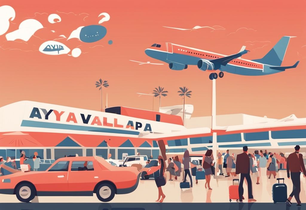 Moderne digitale Illustration in Korallentönen zeigt geschäftiges Treiben am Ayia Napa Flughafen mit Reisenden und abhebenden Flugzeugen.