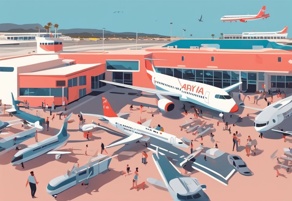 Moderne digitale Malerei von Ayia Napa Flughafen mit Flugzeugen, Touristen und Mittelmeer im Hintergrund, Hauptfarbe Koralle