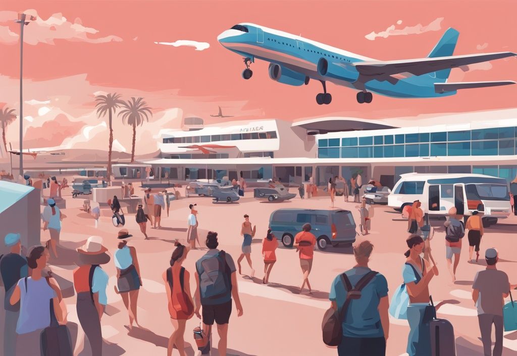 Moderne digitale Malerei von Ayia Napa Flughafen, Flugzeuge am Terminal, Touristen und Mittelmeer im Hintergrund, Hauptfarbe Koralle.